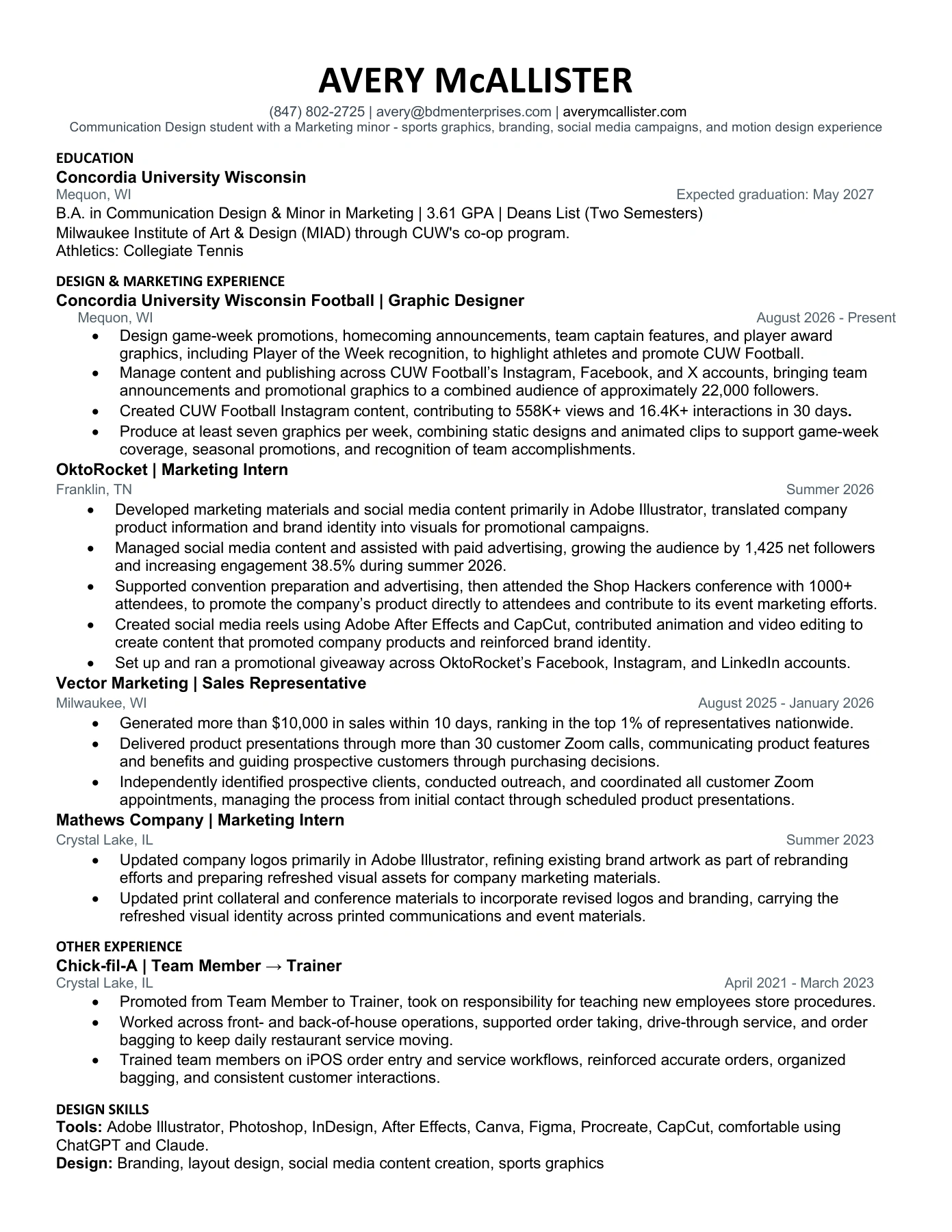 Avery McAllister's resume, featuring CUW Football graphic design, marketing experience, education, and design skills. Open the PDF to read the full resume.
